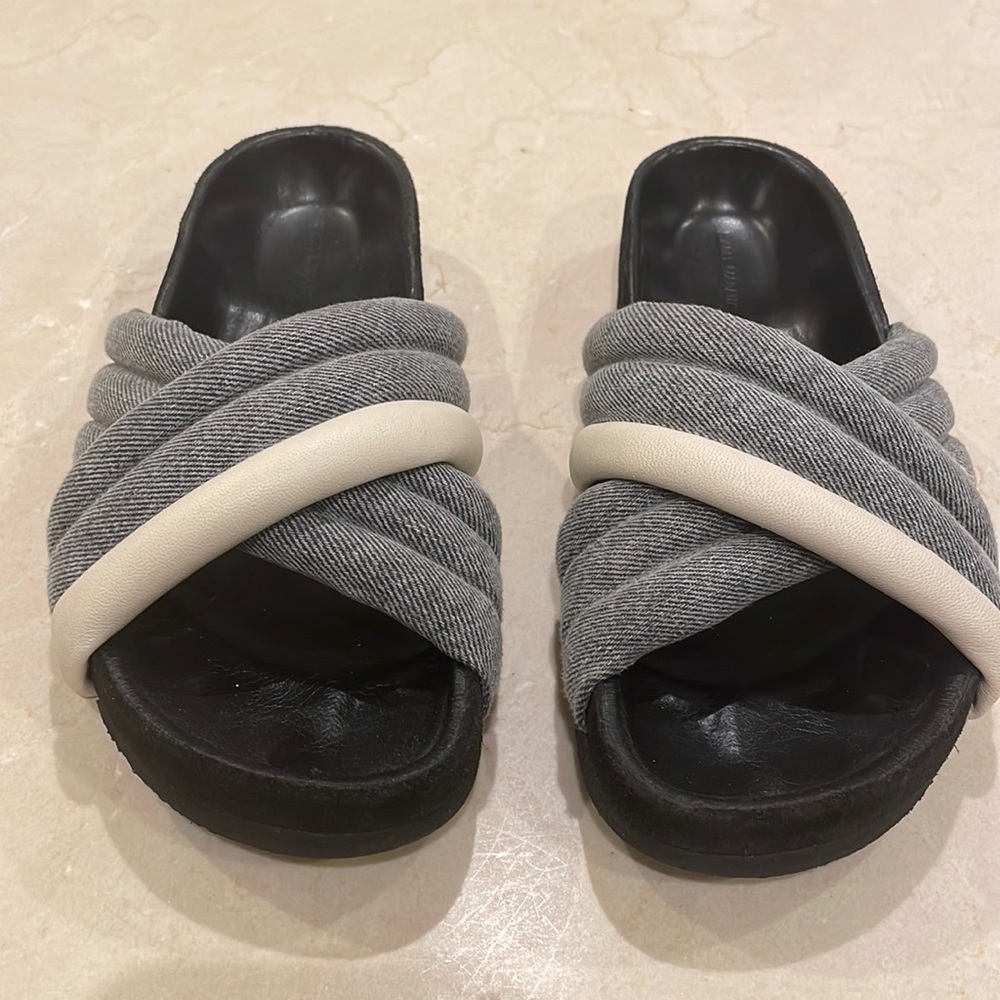 ISABEL MARANT DENIM GRAY FABRIC & WHITE LEATHER HOLDEN SLIDES, size 36